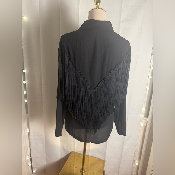 Timing Black Long Sleeve Notched Collar Button Down Fringe Shirt - Picture 2 of 9